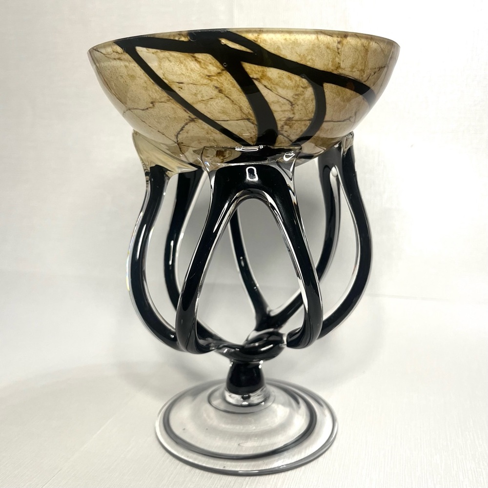 Zorza Vintage Hand Blown Art Glass Jellyfish  Pedestal Bowl, Poland 1990's 8"